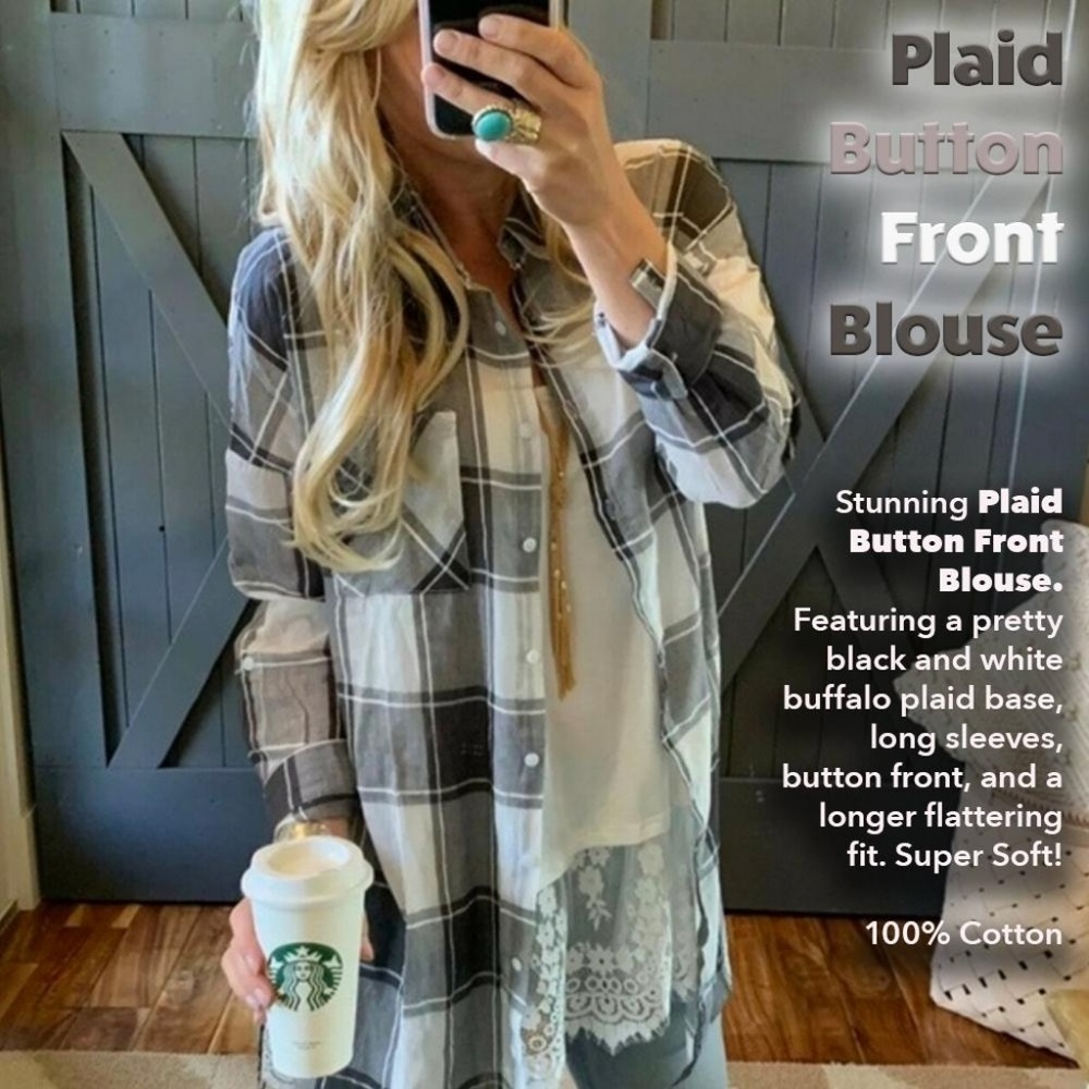 Plaid Button Front Blouse Black Grey and White Buffalo